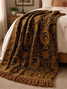 Mulberry Navy and Mustard Jacquard Fringe Throw